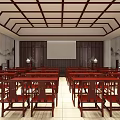Chinese Style Meeting Room Interior With Wooden Ceiling Structure Arranged Chairs And Large Screen