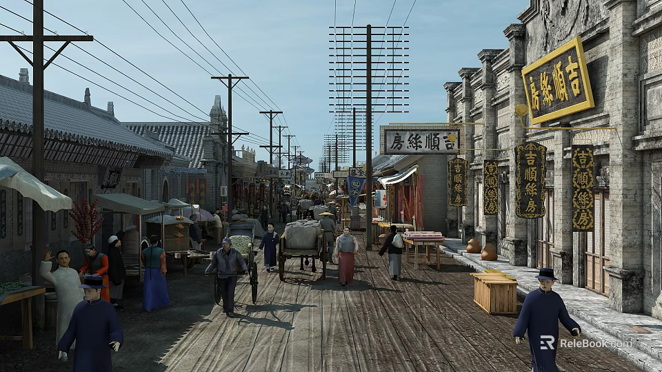 Traditional Chinese Style Commercial Street With Pedestrians Stalls Horse Drawn Carriages And Old Signboards 3d model 