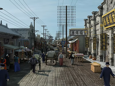Traditional Chinese Style Commercial Street With Pedestrians Stalls Horse Drawn Carriages And Old Signboards 3d model