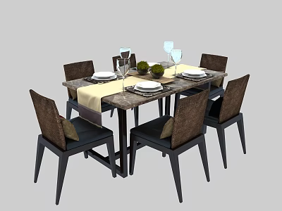Dining Table Set with Six Dark Upholstered Chairs Green Centerpiece Wine Glasses and Tableware 3d model