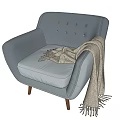 Stylish Blue Velvet Single Sofa With Button Tufted Backrest Wooden Legs And Cozy Blanket