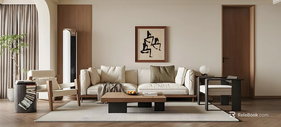 Modern Living Room Interior Design With Beige Sofa Wooden Coffee Table And Decorative Painting 3d model 