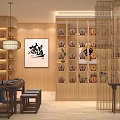Traditional Chinese Tea House Interior With Wooden Decor Display Shelves And Calligraphy Art