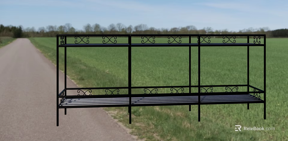 Black Metal Garden Bench With Decorative Design Along Grass Path And Green Landscape 3d model 