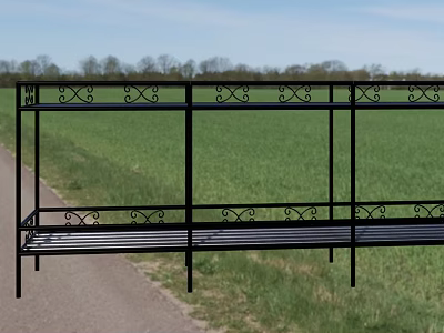 Black Metal Garden Bench With Decorative Design Along Grass Path And Green Landscape 3d model