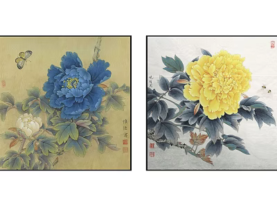 Botanical Paintings Featuring Blue And Yellow Peonies With Butterfly Bee Green Leaves And Branches 3d model