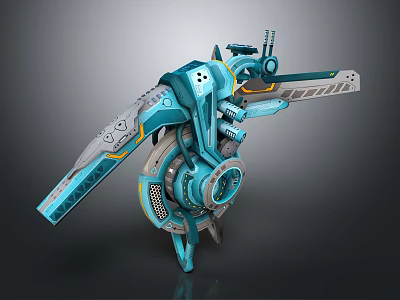 Futuristic Blue Teal Mechanical Device With Extended Arm And Circular Gear Components 3d model