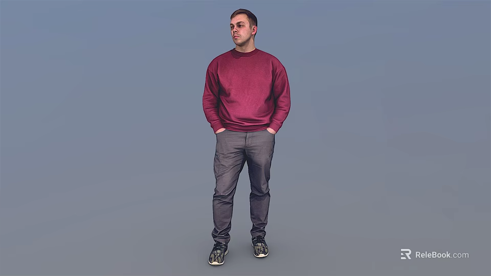 Man standing in maroon sweatshirt and gray pants with hands in pockets against blue background 3d model 