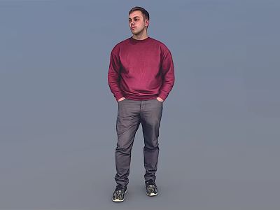Man standing in maroon sweatshirt and gray pants with hands in pockets against blue background 3d model