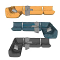 Modular Pleated Velvet Sofa Set in Yellow Teal Gray with Throw Pillows and Blanket