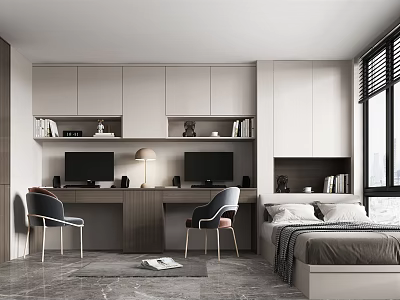Modern Tatami Bedroom Featuring Sleek Cabinetry Desk Area Two Computers Lamps Chairs And Bright Window 3d model