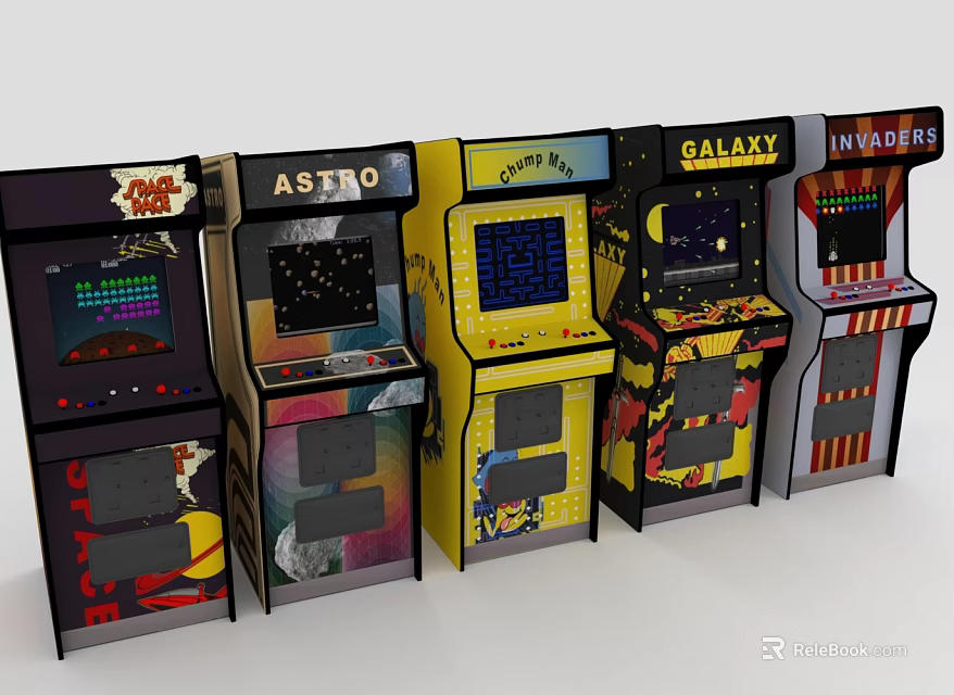 Row of Vintage Classic Arcade Entertainment Appliances With Colorful Game Designs And Screens 3d model 