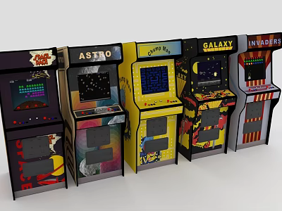 Row of Vintage Classic Arcade Entertainment Appliances With Colorful Game Designs And Screens 3d model