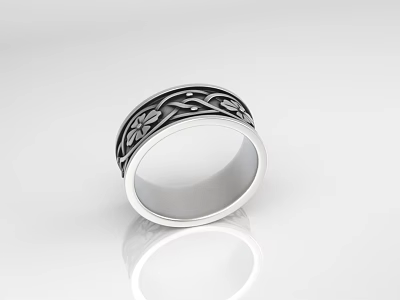 Elegant Silver Ring With Intricate Engraved Floral Patterns And Sleek Band Design 3d model