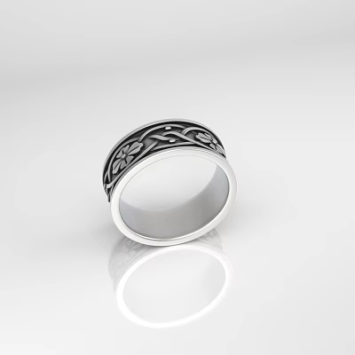 Elegant Silver Ring With Intricate Engraved Floral Patterns And Sleek Band Design 3d model