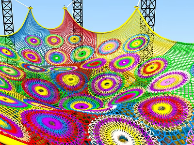 Colorful Playground Equipment With Vibrant Net Structure Circular Patterns And Tower Frames 3d model
