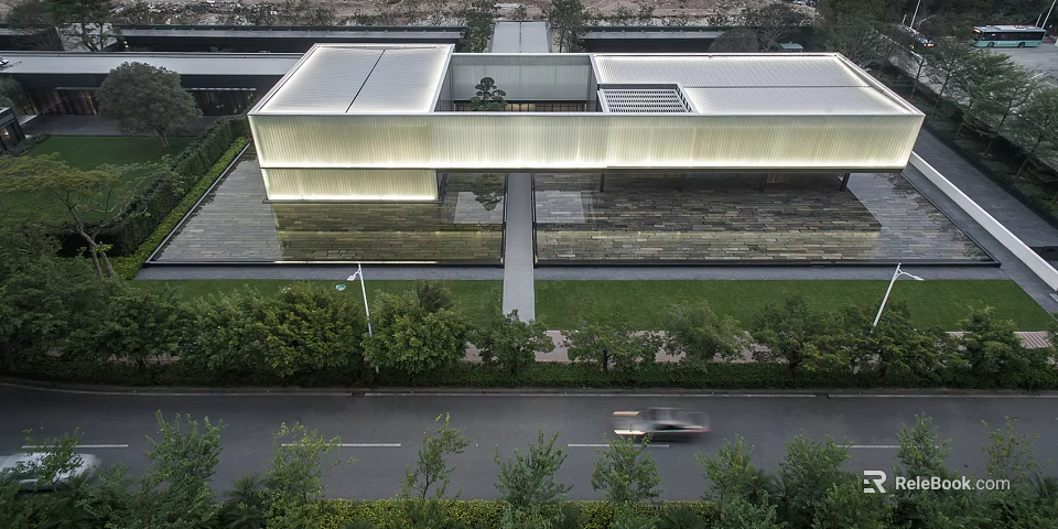 Contemporary Modern Building With Skylight Roof Glass Facade And Greenery 3d model 