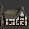 Cartoon House With Thatch Roof Moss Brick Chimneys White Walls Black Windows And Clay Pots