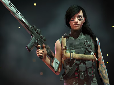 Woman Holding Tactical Rifle Wearing Military Style Vest With Tattooed Arm 3d model