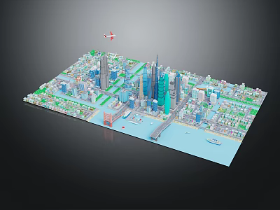 Modern City Model With Skyscrapers Green Spaces River Bridge Boat And Airplane 3d model