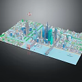 Modern City Model With Skyscrapers Green Spaces River Bridge Boat And Airplane