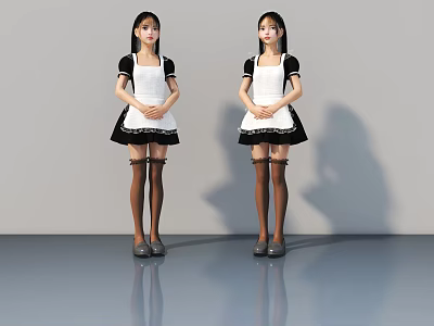 Women Standing In Maid Outfits With Black Tops White Aprons Stockings On Reflective Gray Floor 3d model