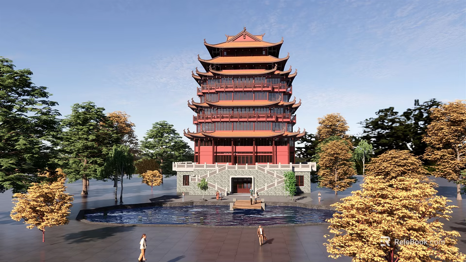 Ancient Chinese Multi Storied Tower With Red Walls Yellow Roof Surrounded By Trees And Pond 3d model 