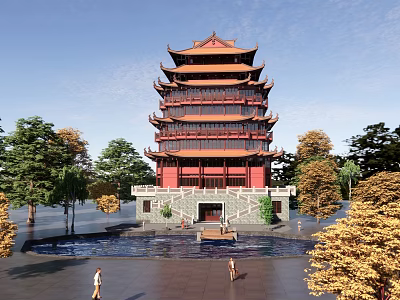 Ancient Chinese Multi Storied Tower With Red Walls Yellow Roof Surrounded By Trees And Pond 3d model