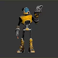 Yellow and Black Robot Character With Blue Helmet Holding Gun And Tool In Gray Background