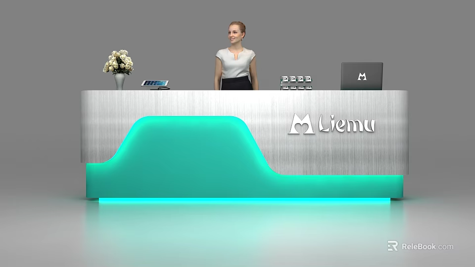 Modern Reception Desk With Turquoise Accent Silver Frame Laptop And Liemu Logo 3d model 