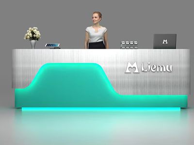 Modern Reception Desk With Turquoise Accent Silver Frame Laptop And Liemu Logo 3d model