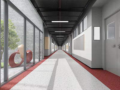 Modern Office Corridor Interior With Glass Partitions Gray Walls And Linear Ceiling Lights 3d model