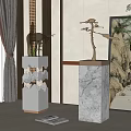 Decorative Sculptures On Marble Pedestals In Modern Interior With Golden Tree Art Decor