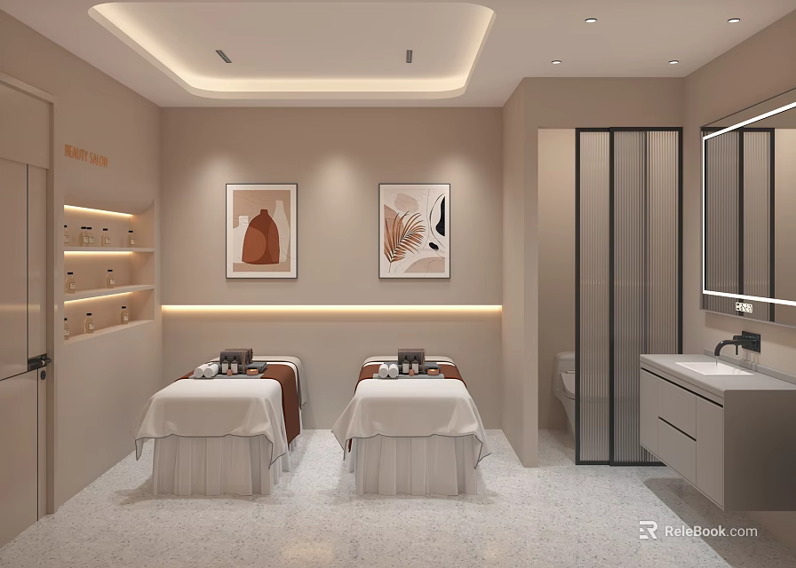 Relaxing SPA Sauna Interior With Massage Beds Soft Lighting And Decorative Artworks 3d model 