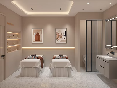 Relaxing SPA Sauna Interior With Massage Beds Soft Lighting And Decorative Artworks 3d model