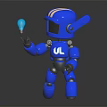 Shiny Blue Metallic Robot Holding Glowing Light Bulb On Dark Reflective Surface