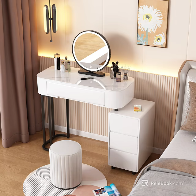 Modern White Dressing Table With Round Mirror Cosmetics And Drawer Cabinet 3d model 