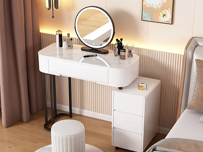 Modern White Dressing Table With Round Mirror Cosmetics And Drawer Cabinet 3d model