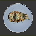 Baked Stuffed Eggplant With Melted Cheese And Fresh Vegetables On Blue Plate