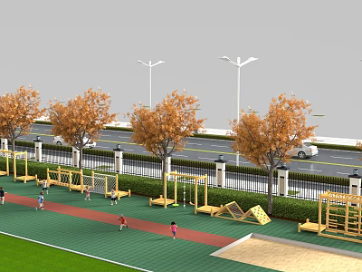 Outdoor Children Playground With Green Floor Red Track And Wooden Play Equipment 3d model