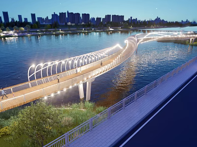 Modern Pedestrian Bridge With Illuminated Lights Over River At Night City Skyline 3d model