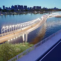 Modern Pedestrian Bridge With Illuminated Lights Over River At Night City Skyline
