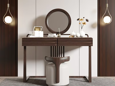 Modern Wooden Dressing Table With Round Mirror Stool Vase Small Box And Hanging Lamps 3d model
