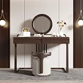 Modern Wooden Dressing Table With Round Mirror Stool Vase Small Box And Hanging Lamps