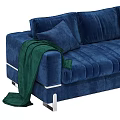 Velvet Upholstered Three-Seater Sofa In Green And Blue With Metal Legs And Decorative Cushions