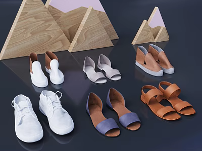 Fashionable Women's Shoes Collection Including Sandals Casual Flats With Wooden Triangular Decor 3d model