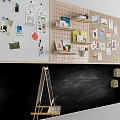 Creative Display Wall with Corkboard Pegboard Blackboard and Easel Showing Photos Notes Supplies