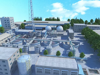 Industrial Factory Complex With Spherical Tanks Cooling Towers And Surrounding Greenery 3d model