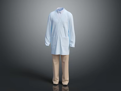 Light Blue Long Sleeved Lab Coat Paired With Khaki Pants On Grey Background 3d model
