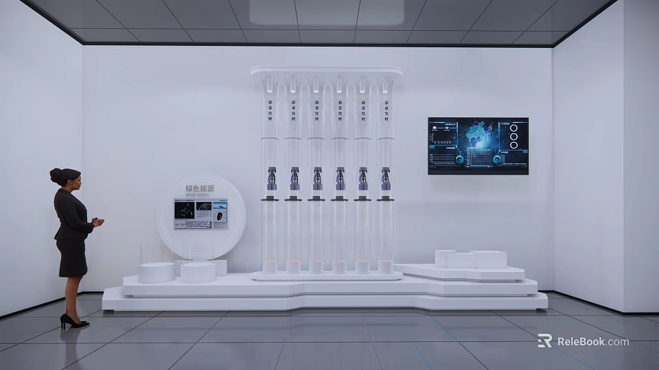 Hi Tech Exhibition Installation With White Display Platform Transparent Cylinders Control Panel And Digital Screen 3d model